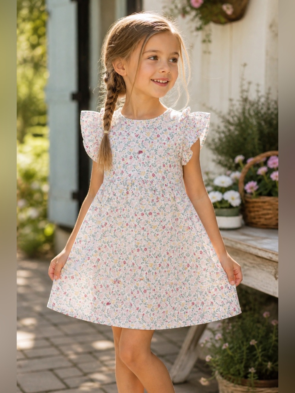 Chelsea & Violet Girls floral cotton dress ruffle sleeve pastel flowers size 5